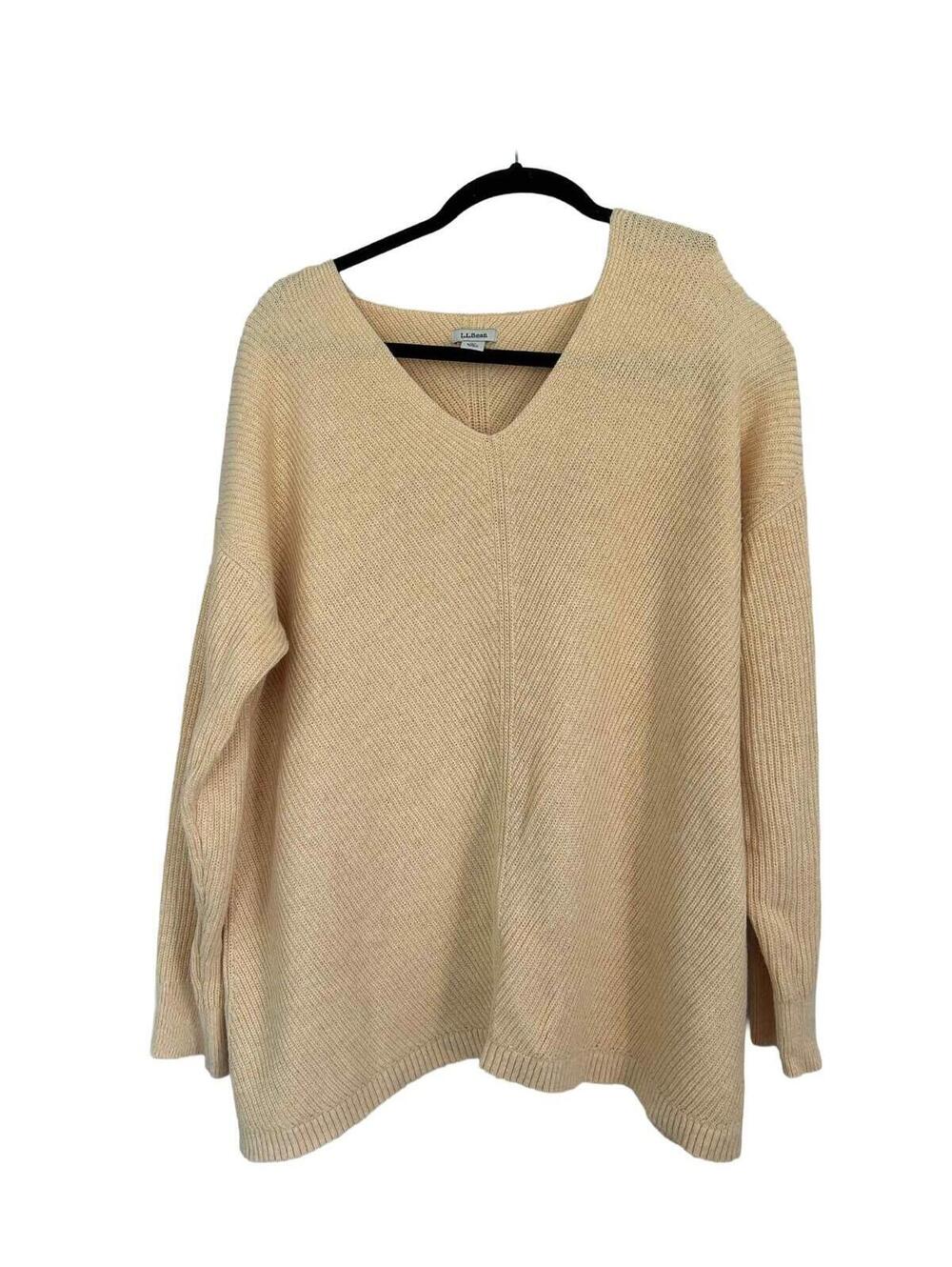 LL Bean XL Petite Cotton Yellow V Neck Sweater Women's Long Sleeve Knit